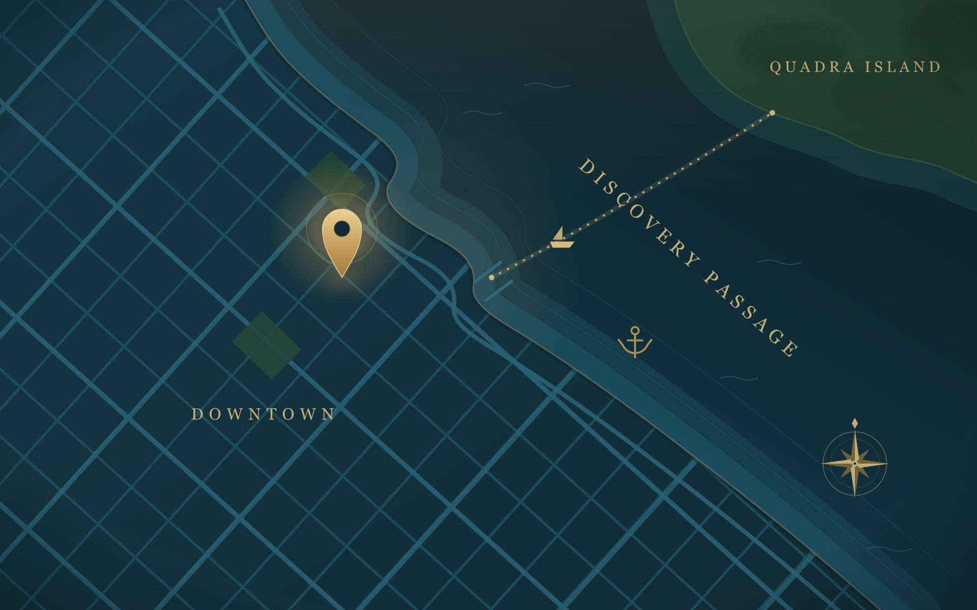 Stylized map showing The Club's downtown Campbell River location on Discovery Passage, opposite Quadra Island